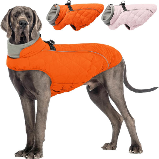 Dog Coat with Harness Built in -Orange,3XL- Fleece Lined Dog Snow Jacket Snowsuit，Adjustable Reflective Winter Warm Cold Weather Coat
