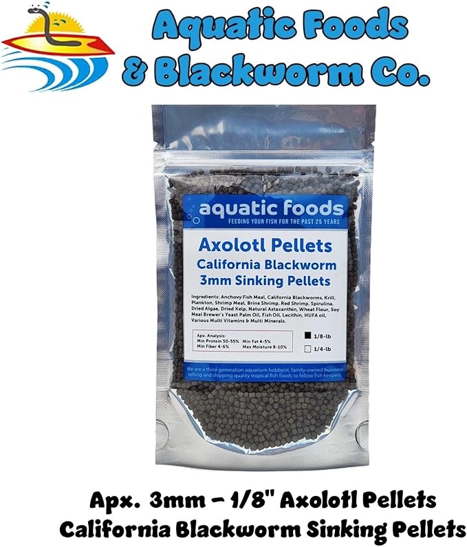 Aquatic Foods Inc. Axolotl Blackworm Pellets. 3mm-1/8 Sinking California Blackworm Medium Pellets for Medium/Large Axolotl, Frogs, Shrimp, Salamanders, Newts, Snails…1/8-lb Pouch Bag