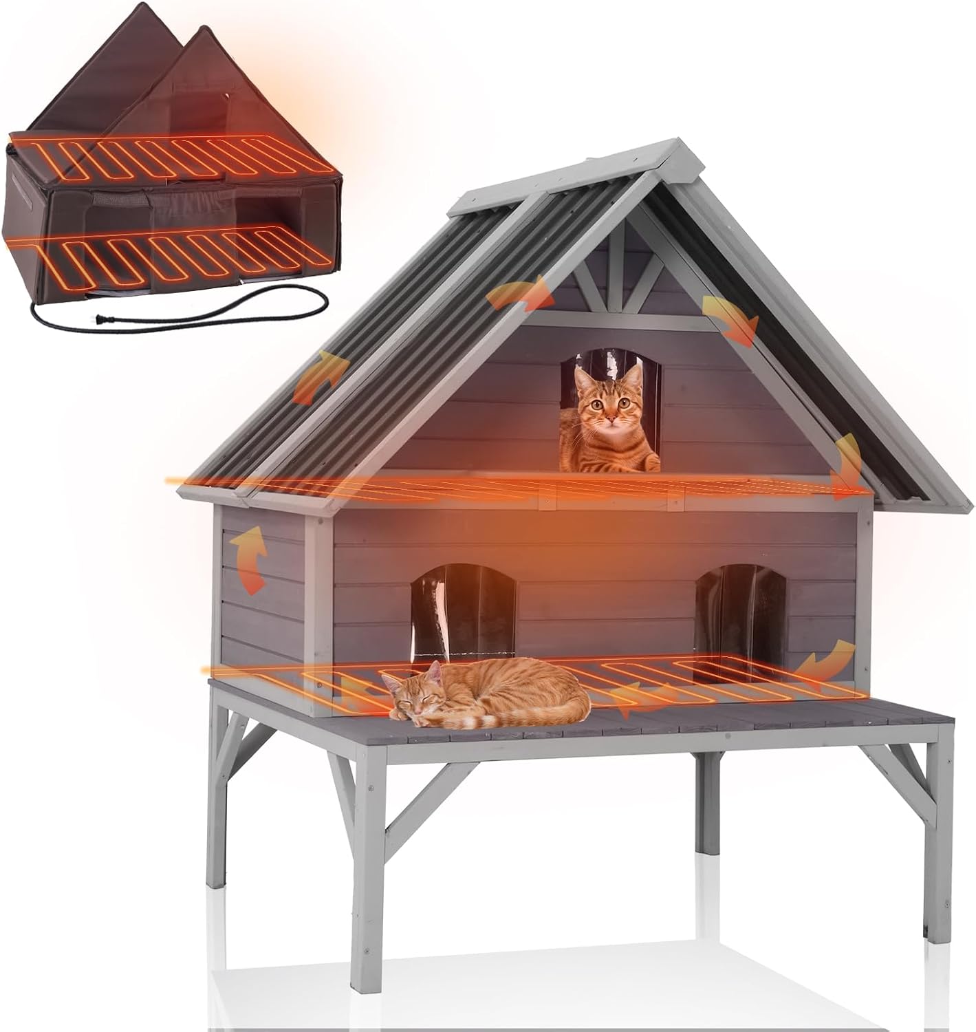 GUTINNEEN Heated Cat House 2-Level Large Outdoor Cat House Insulated Weatherproof Feral Cat Shelter with 2 Heating Pads, Insulated All-Round Thermal Liner, Large Porch, 3 Escape Doors for 1-6 Cats