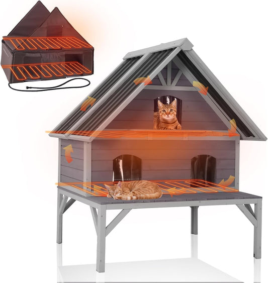 GUTINNEEN Heated Cat House 2-Level Large Outdoor Cat House Insulated Weatherproof Feral Cat Shelter with 2 Heating Pads, Insulated All-Round Thermal Liner, Large Porch, 3 Escape Doors for 1-6 Cats