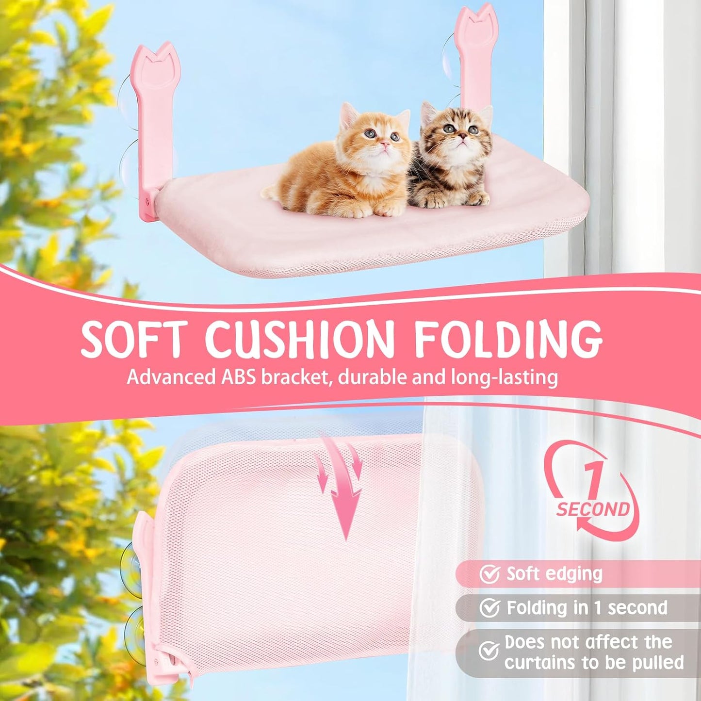 Cat Window Hammock 2-Pack,Foldable Cat Perch with Suction Cups & Metal Frame,Holds up to 40 lbs - Durable & Secure for Cats,Features 2-Sided Cushion & Easy Storage for Sunny Lounging(Pink)
