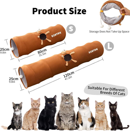 Cat Tunnels for Indoor Cats, Collapsible Pet Play Tube with Cat Toys and One Peek Hole, Pet Hideout Hideaway for Cats, Kittens, Bunny Rabbits, Ferrets, Puppy,Brown,S