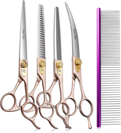 Fenice Peak 8‘’ Professional Dog Grooming Scissors Set Rose Gold 440C Stainless Steel Straight Thinning Curved Chunker Shears 4pcs Set for Pet Grooming Services Dogs and Cats