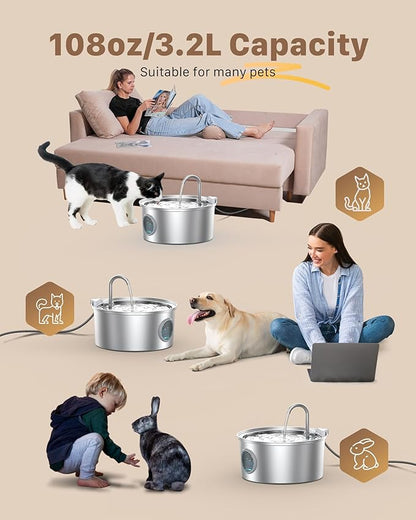 Cat Water Fountain Stainless Steel: Cat Fountain for Drinking - 108oz/3.2L Pet Water Fountain for Cats Indoor - Quiet Water Fountain for Cats - Faucet Pet Fountain - for Small and Medium-Sized Pets