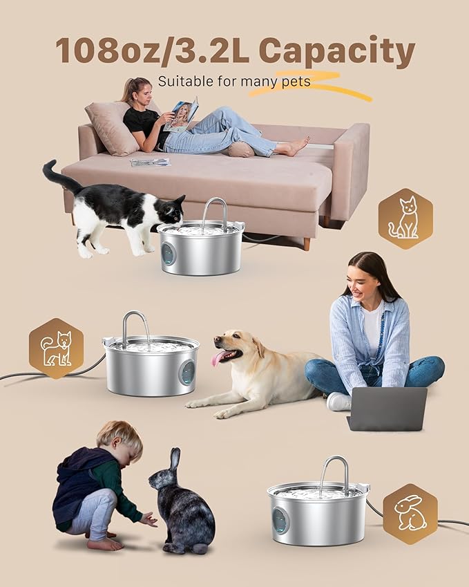 Cat Water Fountain Stainless Steel: Cat Fountain for Drinking - 108oz/3.2L Pet Water Fountain for Cats Indoor - Quiet Water Fountain for Cats - Faucet Pet Fountain - Contains 6 Filters + 3 Sponges
