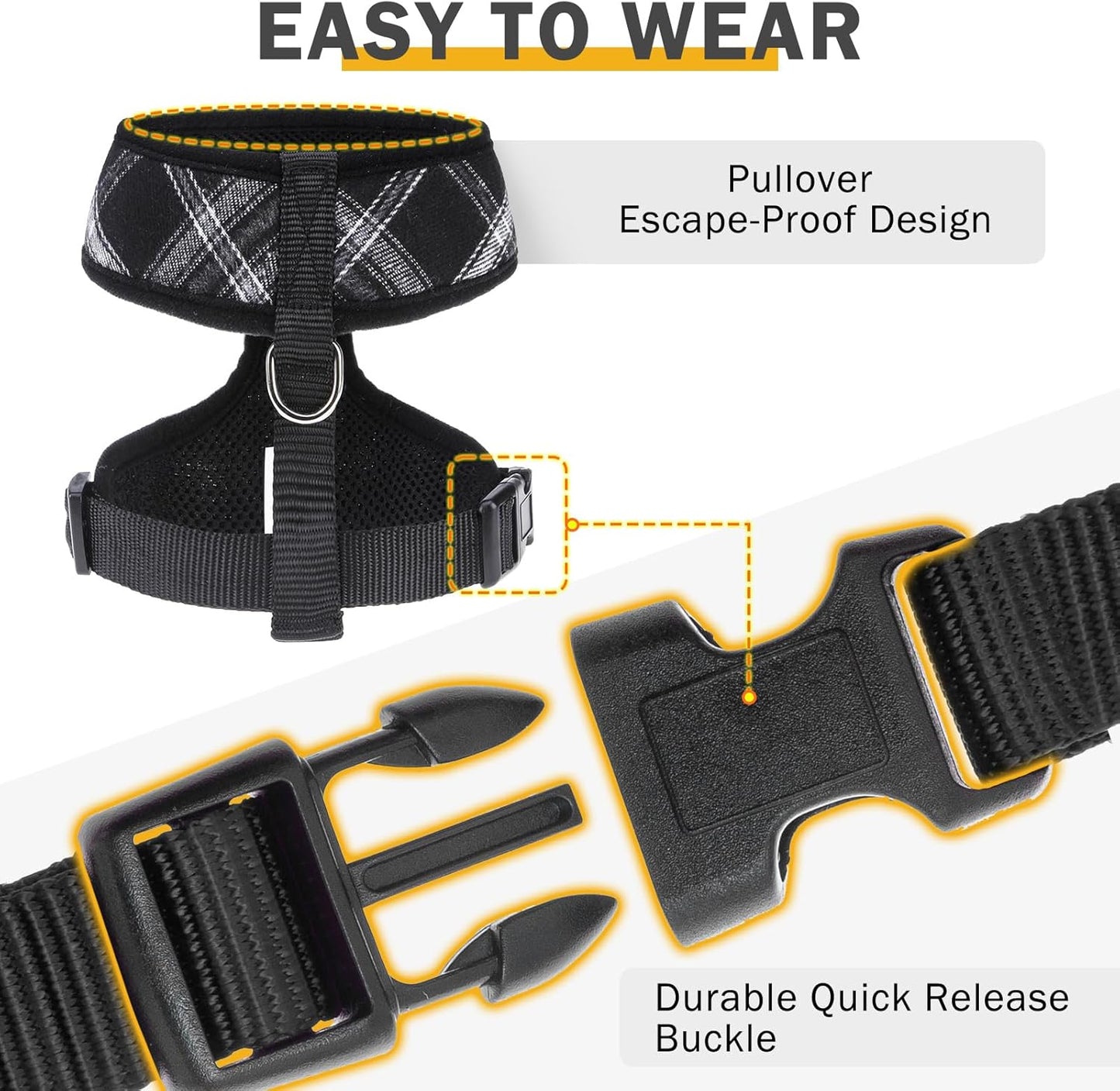 SCENEREAL No Pull Dog Harness Collar and Leash Set Small Medium Sized Dog, Soft Mesh Step in Puppy Harnesses, No Chock Plaid Adjustable Pet Vest for Outdoor Walking Training and Running, Black S