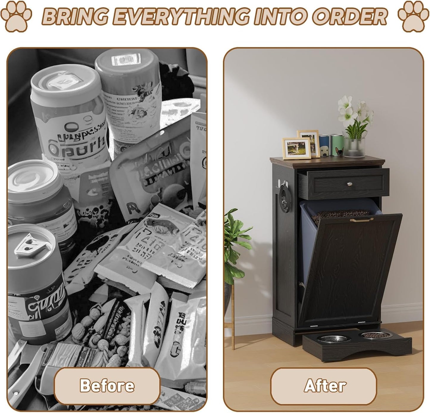 FIMELLO 13 Gallons Dog Feeding Station, Tilt-Out Dog Food Storage Cabinet with Drawer,Pet Feeder Cabinet,Black Oak