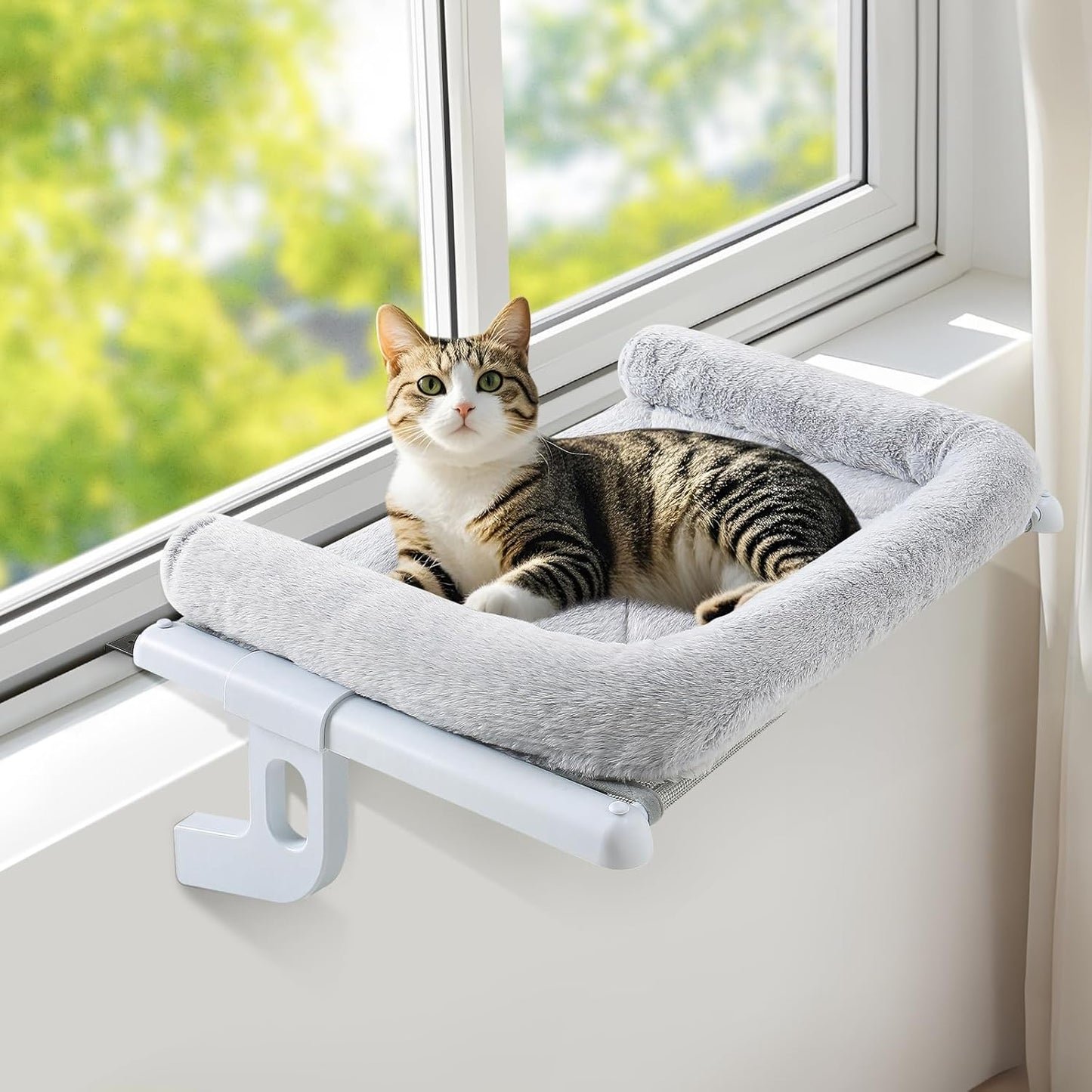Sunhoo Cat Window Perch Hammock Sturdy Windowsill Bed Seat for Large Cats No Drilling No Suction Adjustable Kitty Shelf with Washable Cover Easy Assembly Holds up to 40 lbs 22.05 * 15 in (Grey, S)