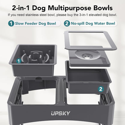 UPSKY 2-in-1 Elevated Dog Bowls Slow Feeder, 4 Height Adjustable Raised Bowl Stand, No Spill Dog Water Bowls, Anti-Slip Food and Water Bowls for Small Medium Dogs(Not Include Stainless Steel Bowl)