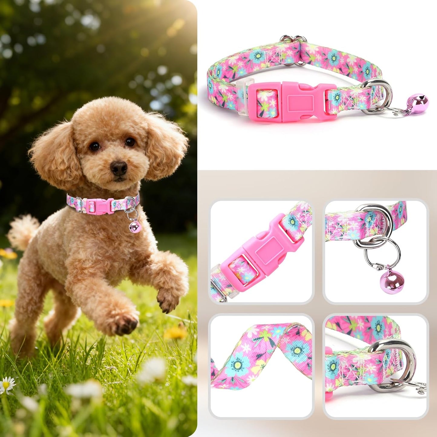 Small Dog Collar with Bell - Durable Nylon Collar for Small Breeds, Adjustable Flower Pattern Collar for Chihuahua Pomeranian Yorkie, Heavy-Duty for Active Puppies（S）