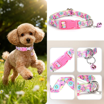 Small Dog Collar with Bell - Durable Nylon Collar for Small Breeds, Adjustable Flower Pattern Collar for Chihuahua Pomeranian Yorkie, Heavy-Duty for Active Puppies（S）