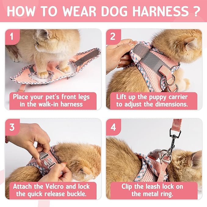Jestrem Cat Harness and Leash Set - Breathable Mesh Vest with Reflective Strips, Escape-Proof Harness with No-Choke Design Secure Lock Buckles for Kittens or Puppies, XXS Pink(Fits 1-4 lbs Kittens)