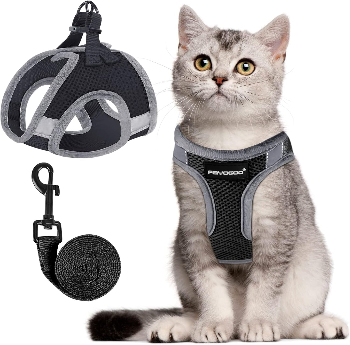 FAYOGOO Cat Harness and Leash Set | Upgrade Step-in Escape Proof Harness | Lightweight Soft Vest, No-Choke Design for Walking, Travel, Camping (Black)