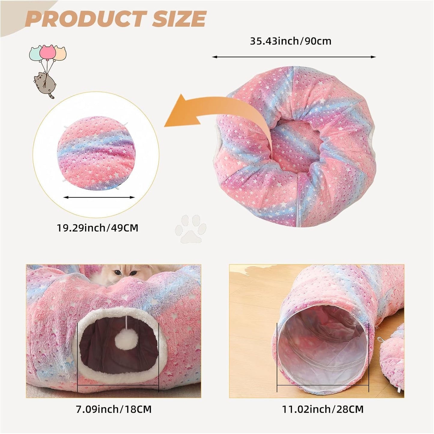 Large Cat Tunnels Bed Tube for Indoor Cats Glows in The Dark Cat Tunnel with Cushion and Plush Ball Toy Longer Playground Toys for Dog Puppy Kitten Rabbit Bunnies Ferret Pet Rainbow