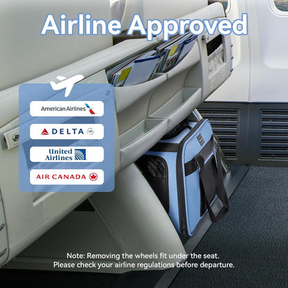 Petsfit Pet Carrier with Wheels, Rolling Cat Carrier for Small Cats, Airline Approved Pet Carrier with Telescopic Handle Perfect for Travelling Under 13lb,Blue