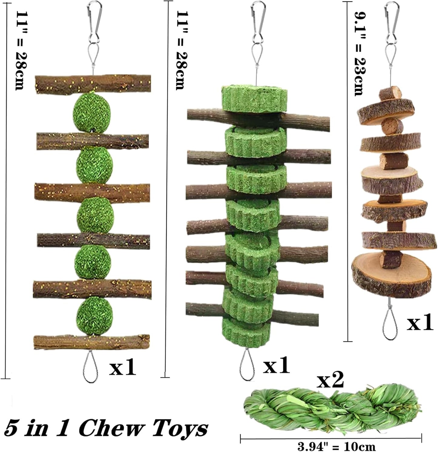 5pcs Rabbit Toys,Bunny Chew Treat for Teeth Grinding,Hanging Timothy Hay Ball +Apple Stick Wood +Alfalfa Grass Cake Food Snack for Cage Guinea Pig Chinchilla Hamster Squirrel Gerbil Rat Parrot