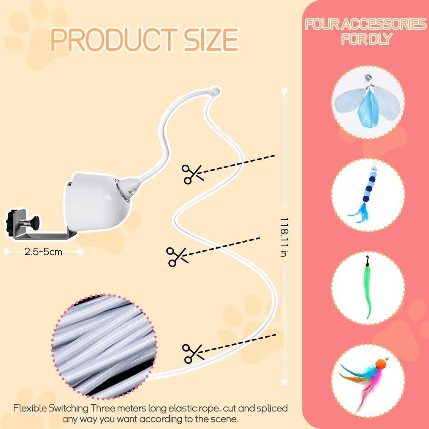 Cat Toys Interactive for Indoor, Cats Toy Hanging Door Electric for Bored, Feather Toy Kitten Rechargeable Door Hanging Automatic String with 4pcs Feather Toys, White