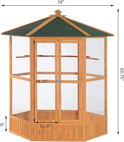 PawHut 69" Large Wooden Hexagonal Outdoor Aviary Flight Bird Cage with Covered Roof, Brown