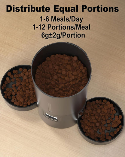 Automatic Dual Cats Feeder for 2 Cats,6 Meals/Day,12 Portions/Meal,Dual Power Auto Pet Feeder Dry Food Dispenser,Flexible Schedule Timer 10S Voice Record (Black, ABS Dual Bowls)