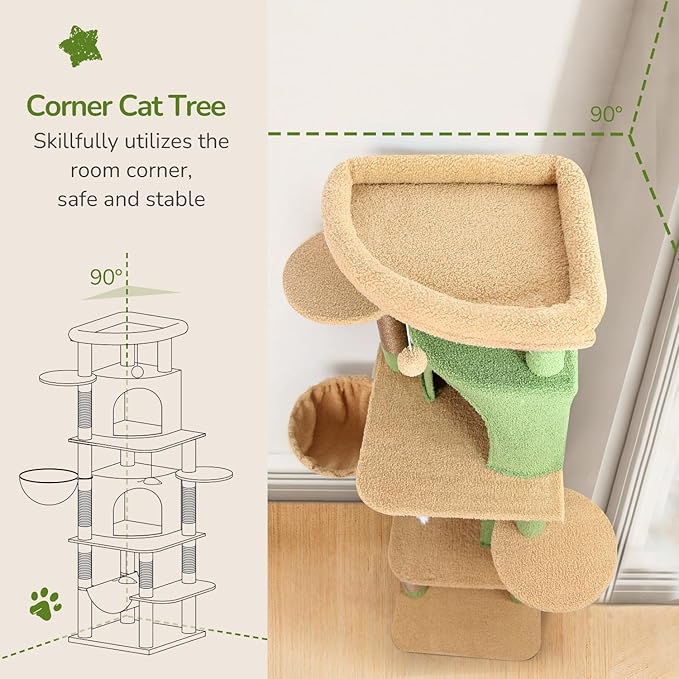 Globlazer Cactus Corner Cat Tree Tower for Large Cat, 66inch Tall Large Cat Tree Condo for Multiple Indoor Cats with 6 Scratching Posts, 2 Spacious Cat Condos, Soft Hammock, Hanging Basket, C66, Green