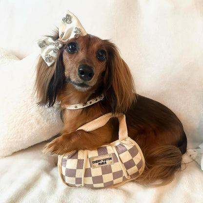 Haute Diggity Dog Haute Diggity Checker Chewy Vuiton Dog Handbag - Medium Plush Designer Dog Toys with Squeaker & Machine-Washable Enrichment & Safe Materials for All Breeds, Size Medium