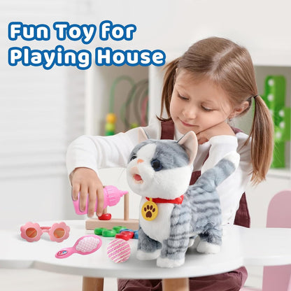 Gray Walking Cat Set Interactive Toy Cat for Girl Repeat What You Say Toy Kitten Talking Singing Dancing Touch Control Robot Cat Toy for Kid with Leash Wagging Tail Nodding Plush Electric Kitty