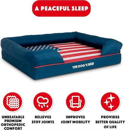 The Dog’s Bed, Large Blue Oxford with Red Trim, USA Flag Dog Bed with Central Flag Memory Foam, Pain Relief: Arthritis, Post Surgery, Waterproof Washable Cover