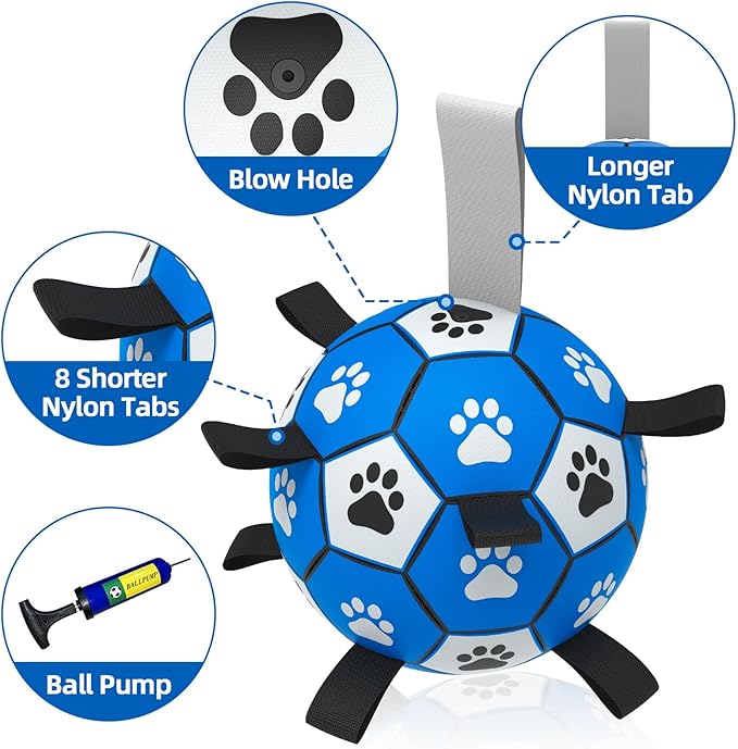 QDAN Dog Ropes Toys, Soccer Ball with Straps, Puppy Birthday Gifts, Dog Water Toy, Durable Balls for Small Medium Dogs-Blue Grey（6 Inch）