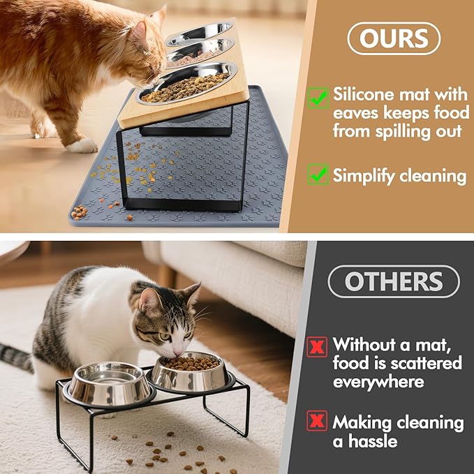 15° Tilted Elevated Cat Bowls - Raised Cat Bowls Stand with Silicone Food Mat & 3 Stainless Steel Cat Dishes for Food and Water, Anti-Vomiting for Indoor Cats and Small Pets