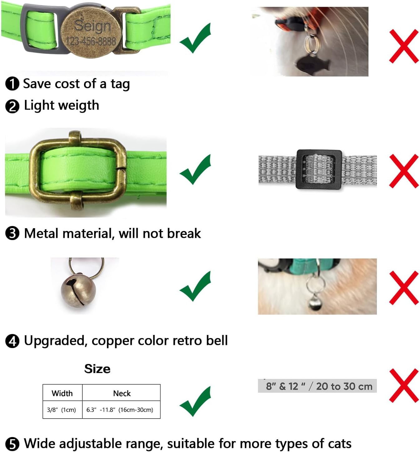 Cat Collar Breakaway, Personalized Leather Cat Collar with Bells-Adjustable Customized Collar with Name & Phone Number Tag for Girl Boy Cats-Quick Release Buckle for Cats & Kittens(LimeGreen)