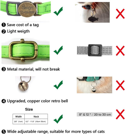 Cat Collar Breakaway, Personalized Leather Cat Collar with Bells-Adjustable Customized Collar with Name & Phone Number Tag for Girl Boy Cats-Quick Release Buckle for Cats & Kittens(LimeGreen)