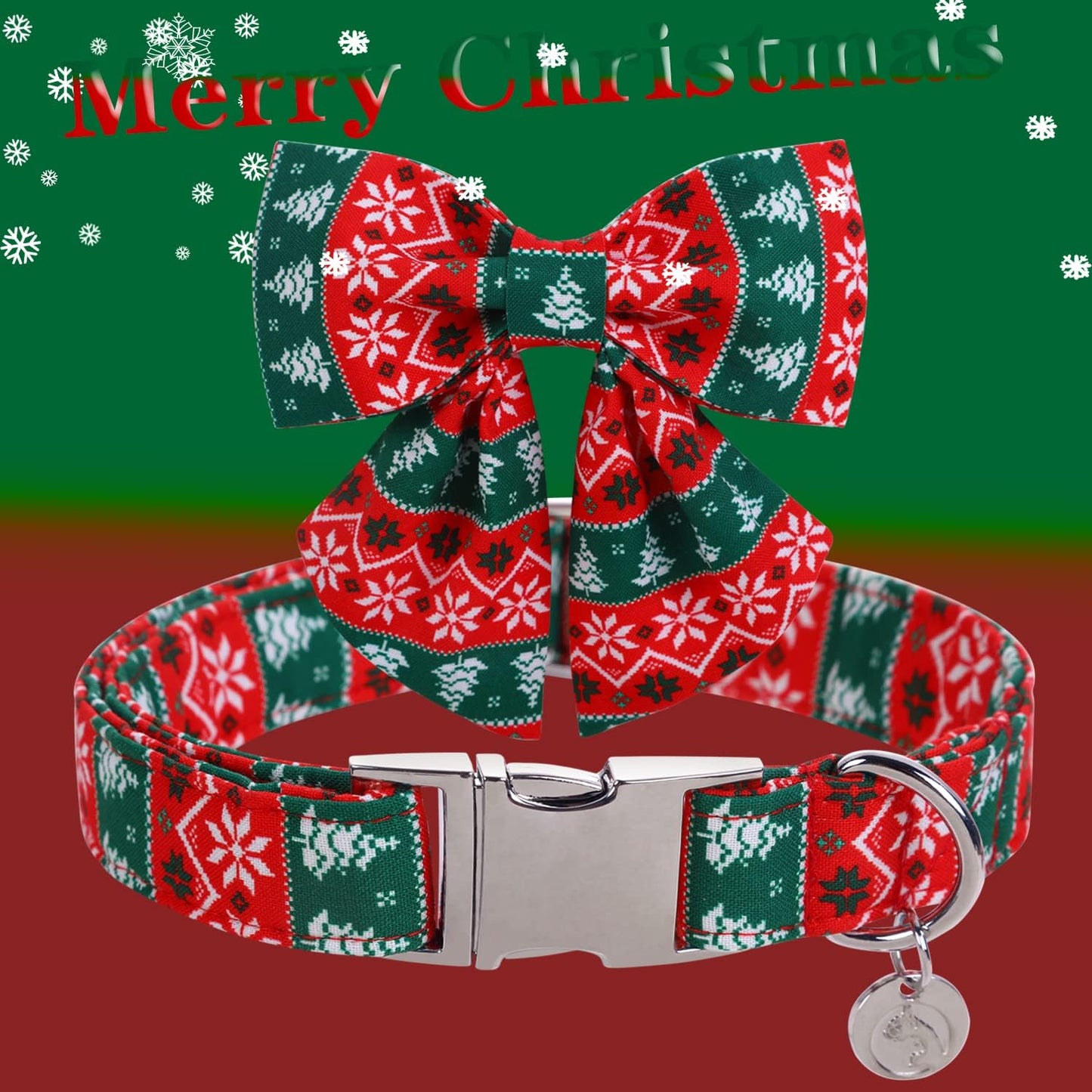 DOGWONG Christmas Dog Collar with Sailor Bow tie, Red Green Strip Snowflake Dog Collar Soft Durable Adjustable Cotton Puppy Collar for Small Medium Large Dog