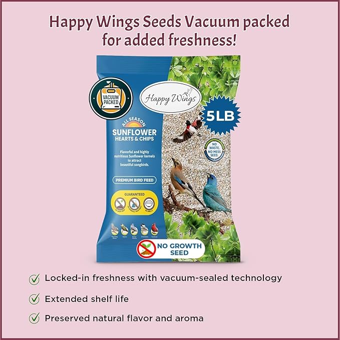 Happy Wings Sunflower Hearts & Chips - Sunflower Kernels and Chips Bird Food - 5 Lb No Mess, No Waste I No Grow Seed | Bird Seed for Wild Birds