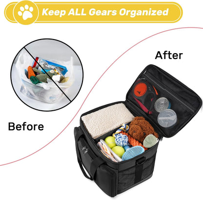 6 Set Dog Travel Bag, Large Pet Supplies for Dogs, Includes 2 Collapsible Dog Bowls, 2 Food Containers, 1 Treat Pouch with Pet Travel Bag, Black