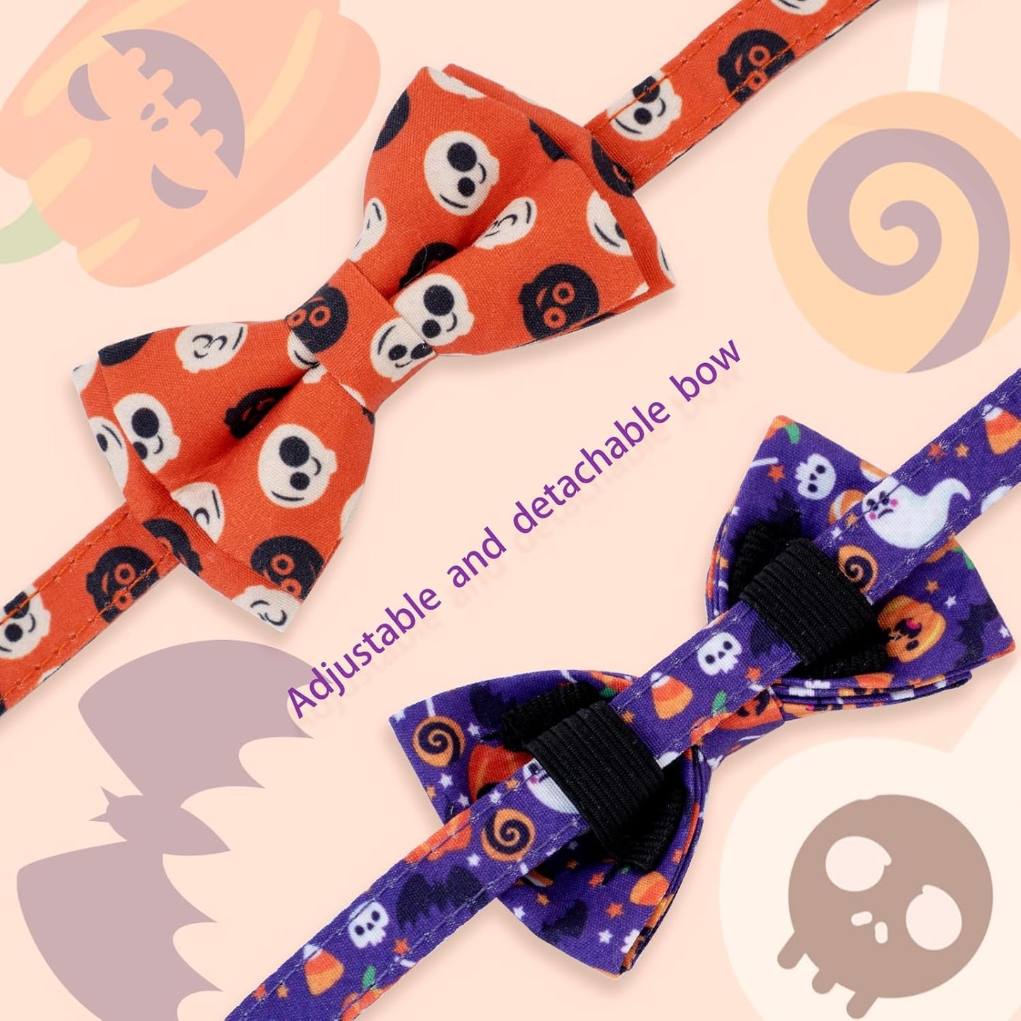 Faygarsle 2 Pack Cute Seasonal Cat Collar for Halloween and Fall Breakaway Collar with Bells Bowtie Cute Patterns for Female and Male Cats Orange Purple Cat Collar