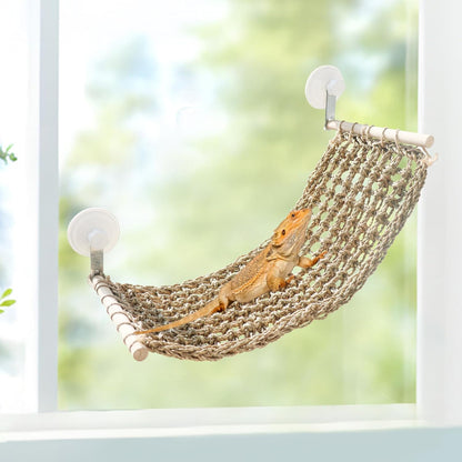 23 × 9 Inch Large Bearded Dragon Hammock, Reptile Window Bed, Seagrass Mat Window Perch Toy with Powerful Suction Cups, Climbing Accessories for Bird Parrot Lizard Leopard Gecko Guinea Pig Rat