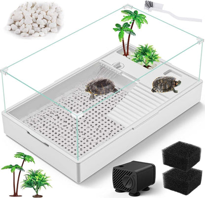 Large Turtle Tank (Tank + Water Pump), Acrylic Turtle Tank Starter Kit with Upgrade Rain Shower Head, Adjustable 5W Water Pump, Higher Fences and Multi-Function Areas. (L)