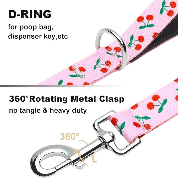 5ft Dog Leash with Two Padded Handles, Heavy Duty Strong Nylon Pet Leash with Soft Neoprene Handle for Small Medium Large Dogs, Cherry