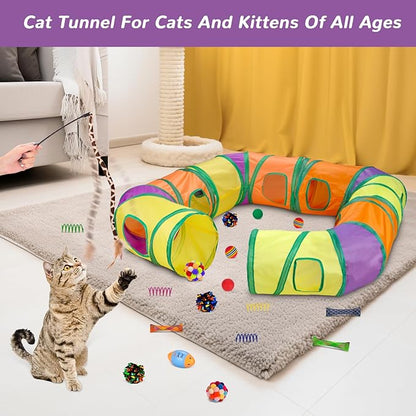 Retro Shaw Cat Toys with Cat Tunnels, Interactive Kitten Toys for Indoor Cats Kitty, Cat Tube Tent Feather Wand Teaser Bell Fuzzy Ball Springs Mouse (25 Pcs Extra Large Cats Tunnel Set)