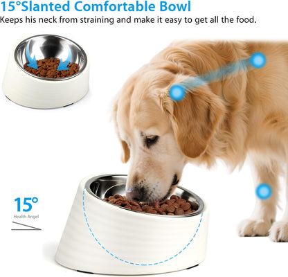 Tilted Angle Dog Bowl, 15° Slanted Stainless Steel Dog Cat Food Bowl, Non-Slip & Non-Spill Pet Feeder with Elevated Detachable Melamine Stand, Easy to Get Food Dish, Large 2 Cup White
