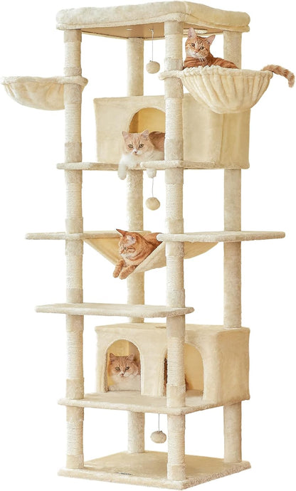 MWPO Extra Large Cat Tree, 77.6-Inch Tall Cat Tower for Indoor Cats with 2 Condos, Multi-Level Cat Stand for Large Cats, 3 Hammocks, Wide Perch, Scratching Posts, Dangling Toys, Beige