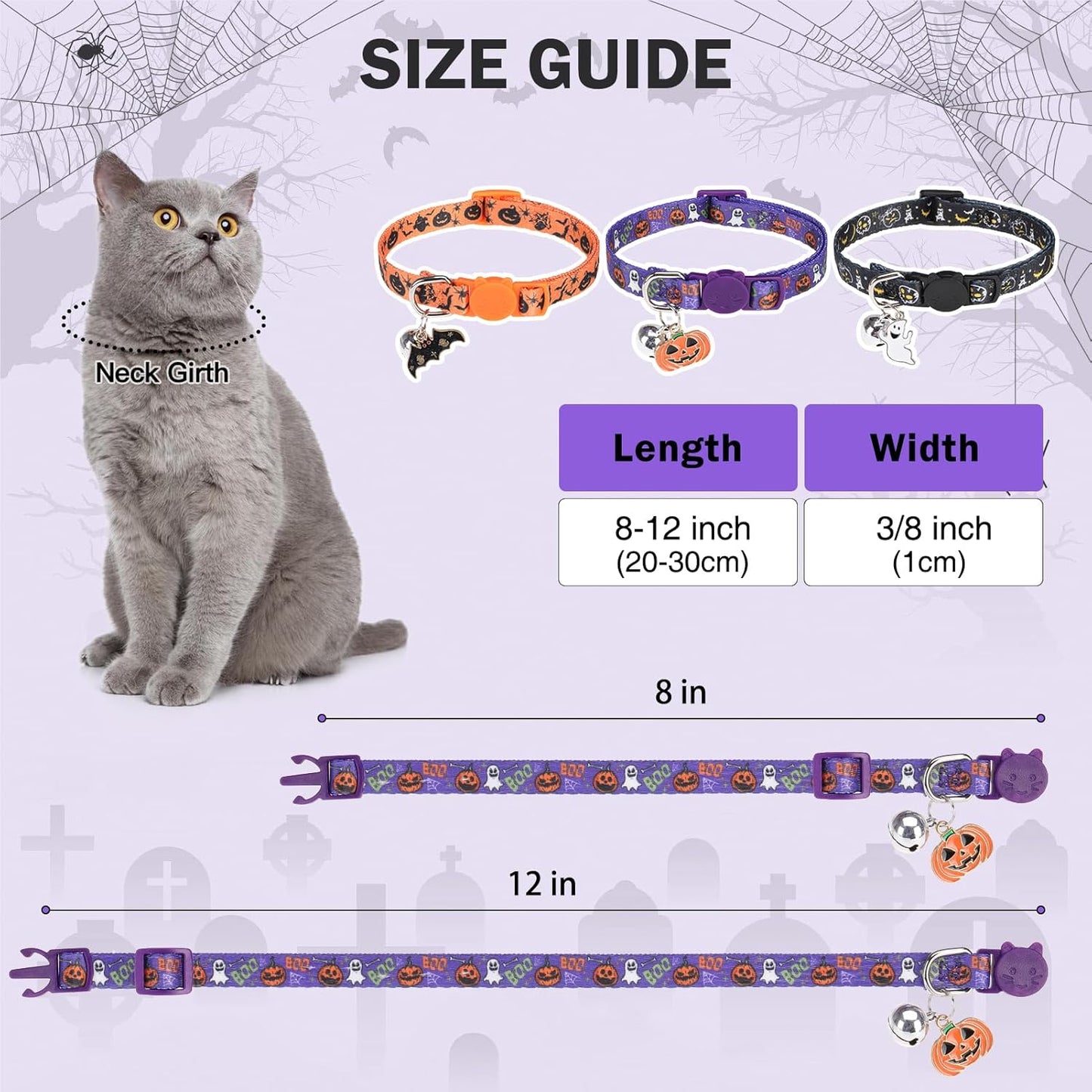 3 Pack Halloween Breakaway Cat Collars with Bell & Charm-Holiday Cat Collar for Girl Boy Cats with Safety Buckle- Cute Pumpkin Skull Kitten Collar Adjustable 8"-12" for Kitty Puppy Small Pets