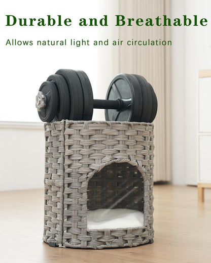 Cat House for Indoor Cat, Small Cat Houses Handwoven PE Rattan Kitten Cave, Pet Kitten Bed Covered, One Bed Pad, 13 x 13 x 13.7 Inches, Foldable Hideaway in Living Room Gray