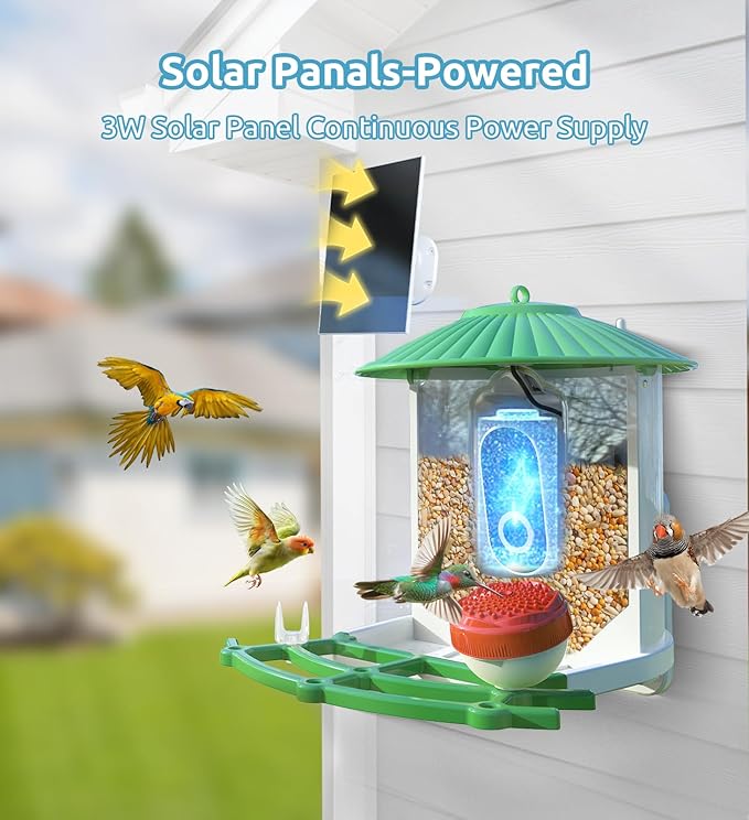 Bird Feeder with Camera, 2K HD AI Smart Identify BirdSpecies Video Camera with Solar Panel Outdoors Birdhouse with Cam, Instant Arrival Alerts, Capture BirdVideo Ideal Present for Bird Lover
