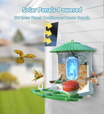 Bird Feeder with Camera, 2K HD AI Smart Identify BirdSpecies Video Camera with Solar Panel Outdoors Birdhouse with Cam, Instant Arrival Alerts, Capture BirdVideo Ideal Present for Bird Lover