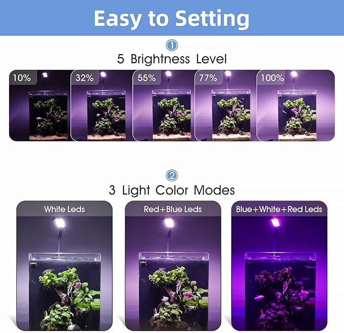 hygger 8-19 Gallon Clip-on Aquarium Light with White Blue Red LEDs Fish Tank Lighting Built-in Timer 5 Brightness Levels 14W