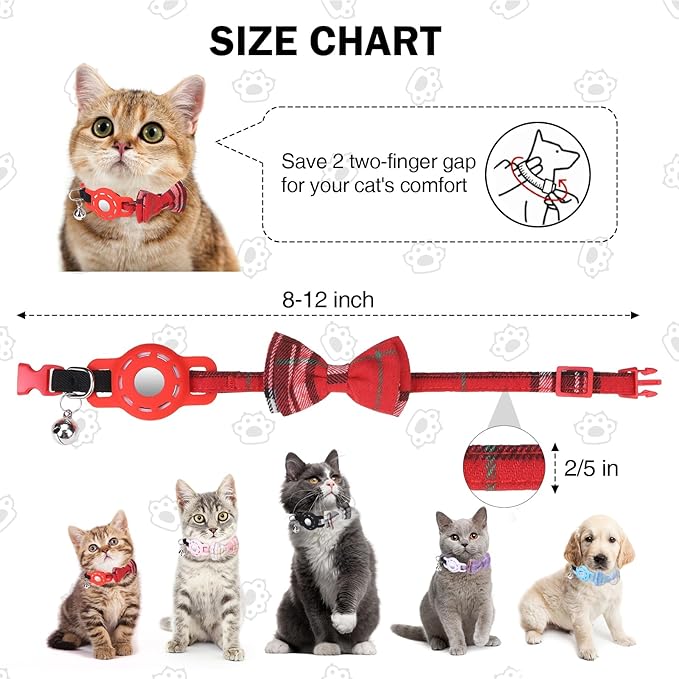 Airtag Cat Collar with Bells and Bowtie -Safety Elastic Band Kitten Collar for Apple Air Tag Holder- Cute GPS Cat Tracker Collars for Girl Boy Cats and Puppies, Adjustable 8"-12" Red