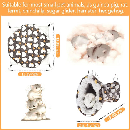 LEFTSTARER Cashmere Pet Bed Mat and Toy, Heart-Brown Ferret Guinea Pig Hammock Toy Small Animal Cage Accessories, 19.7x5.9in Hanging Tunnel & 13.39x13.39in Bunkbed Hammock