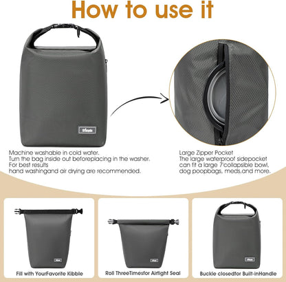 Waterproof Pet Food Storage Bag,Dog Food Container 20 lb w/2PCS Collapsible Dog Travel Bowls and Zipper Side Pocket(Gray, Large)