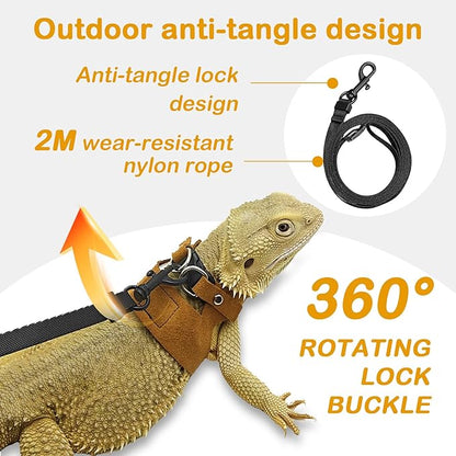 Bearded Dragon Leash and Harness Set - 3-Size Adjustable Soft Leather Vest for Training & Walking, Easy-On-and-Off Design (Brown) (Brown, 2M)